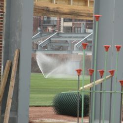 Wind catching the sprinklers in left field - 