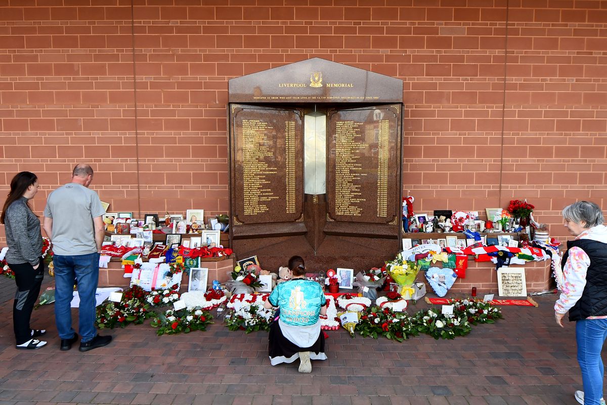 In this image from Liverpool FC, general view showing flowers and at the Hillsborough memorial to mark the 33rd Anniversary of the Hillsborough Disaster at Anfield on April 15, 2022 in Liverpool, England.