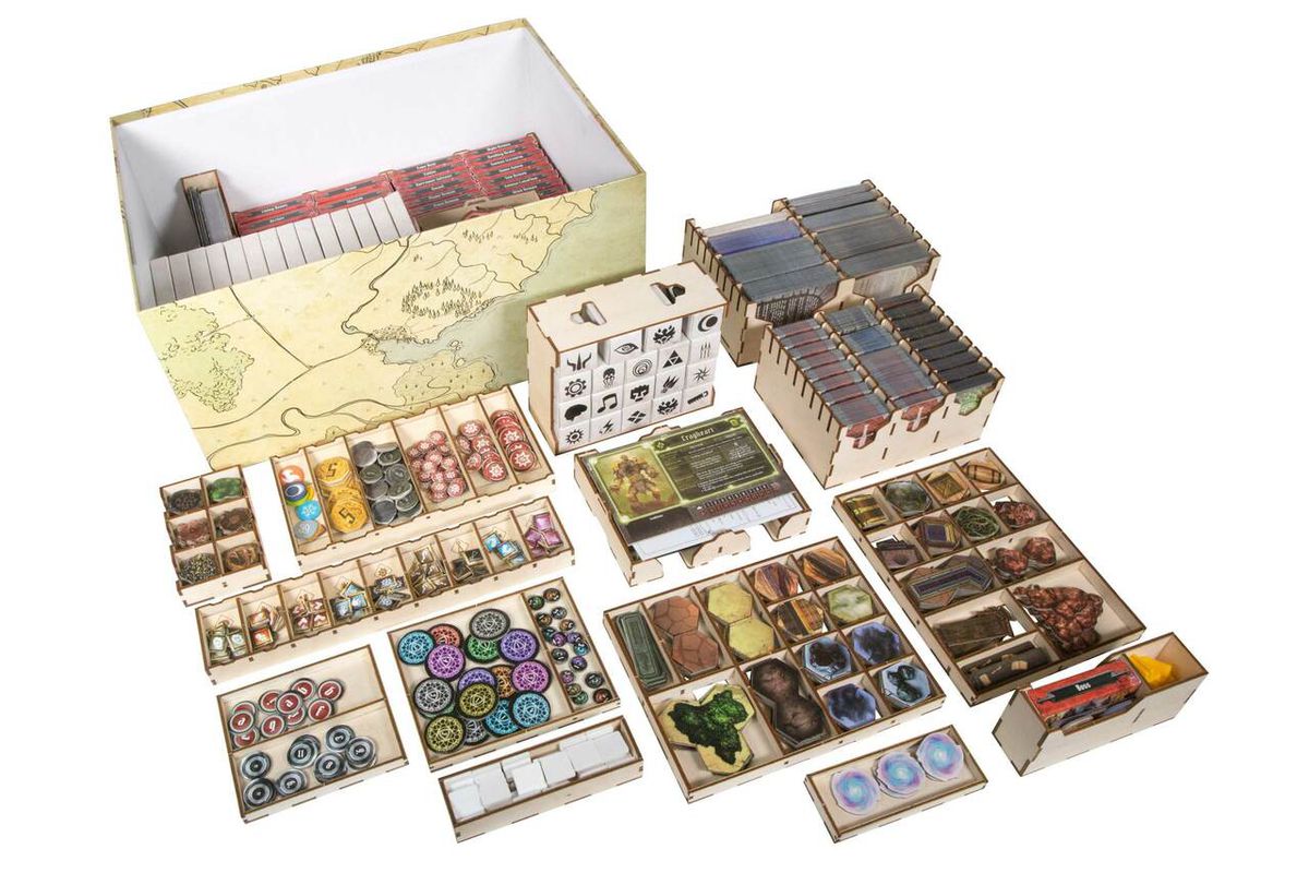 An organizer for the game, Gloomhaven, made of laser-cut wood.