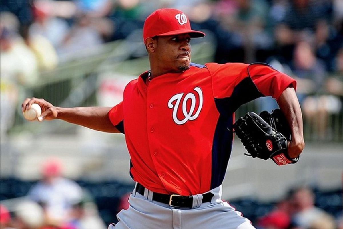 Mar. 3, 2012; Kissimmee, FL, USA; Washington Nationals starting pitcher Edwin Jackson (33) pitches in the first inning against the Houston Astros at Osceola County Stadium. Mandatory Credit: Andrew Weber-US PRESSWIRE