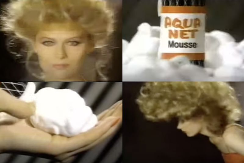 Four panels from a commercial for Aqua Net hair mousse: two show a woman with lots of hair, one shows a hand holding foam, and one shows a can of Aqua Net mousse surrounded by foam.