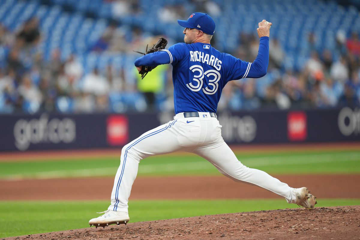 Trevor Richards #33 of the Toronto Blue Jays pitches in the fourth inning during the game between the Houston Astros and the Toronto Blue Jays at Rogers Centre on Monday, June 5, 2023 in Toronto, Canada.