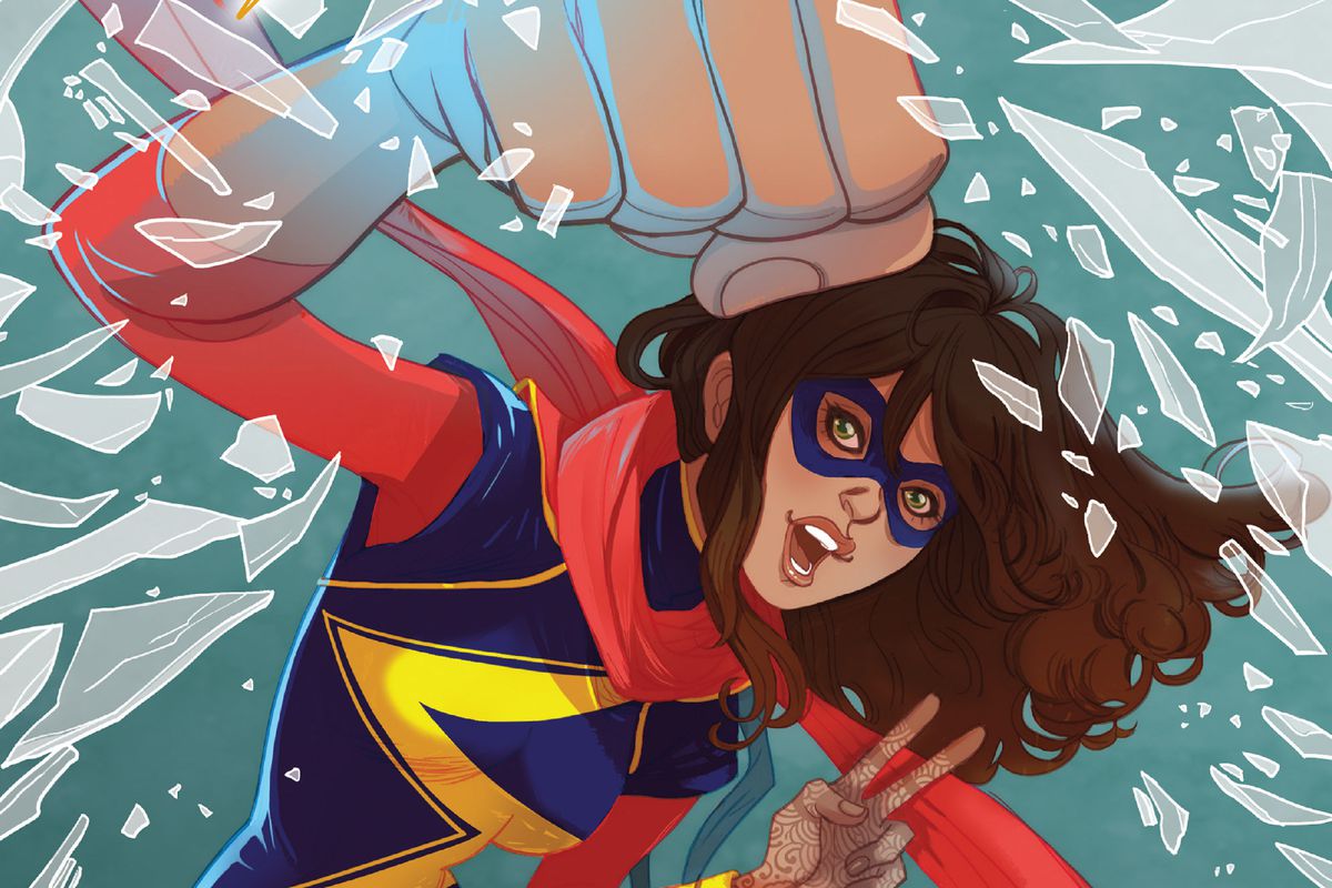 Artwork of Ms. Marvel (aka Kamala Khan) punching through glass with a giant fist