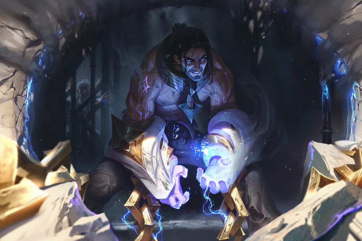 Artwork of Sylas from League of Legends breaking through a wall —&nbsp;he’s smiling with a mystical glow from his left hand lighting his face