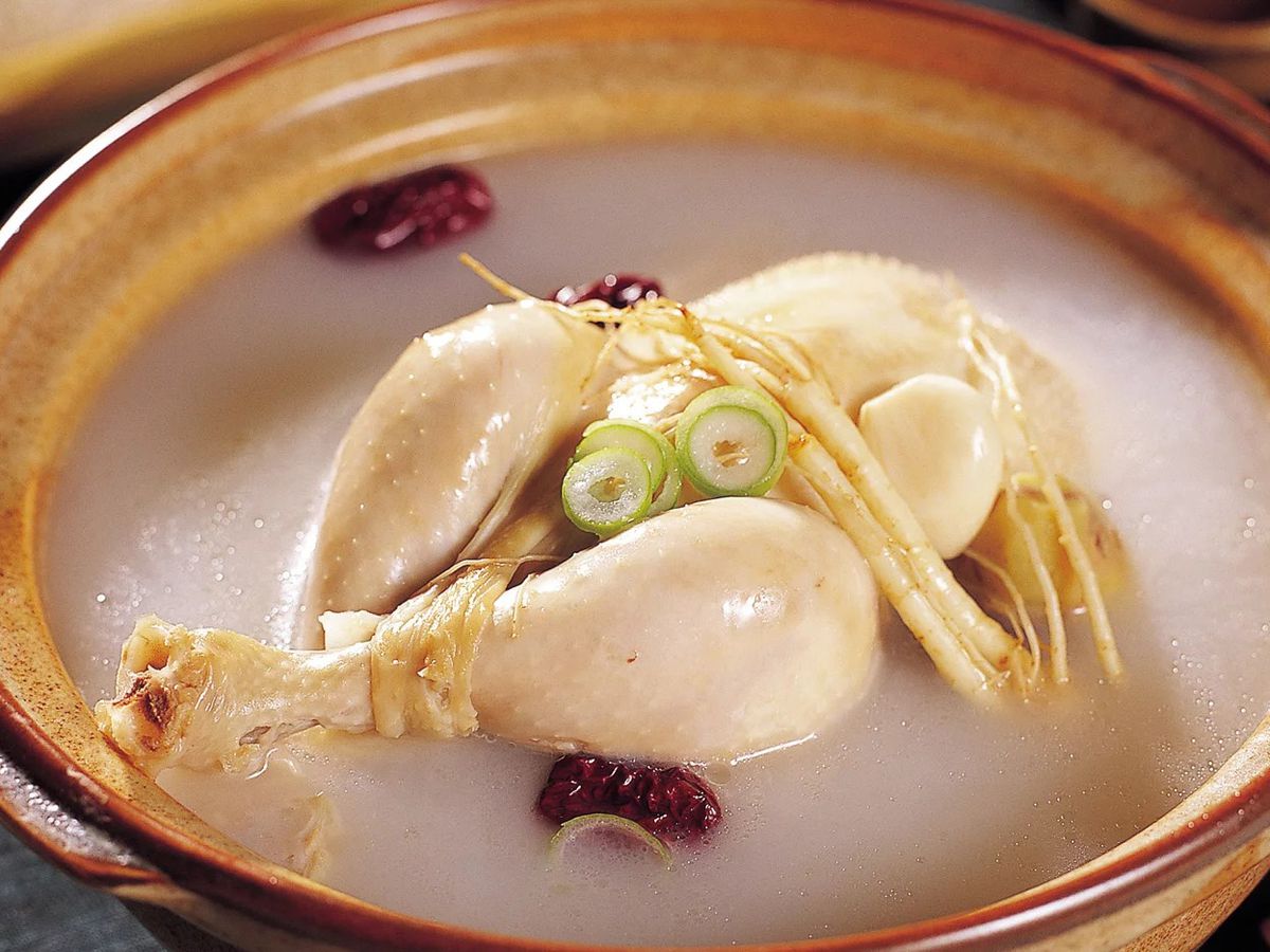 A bowl of Korean ginseng chicken soup.