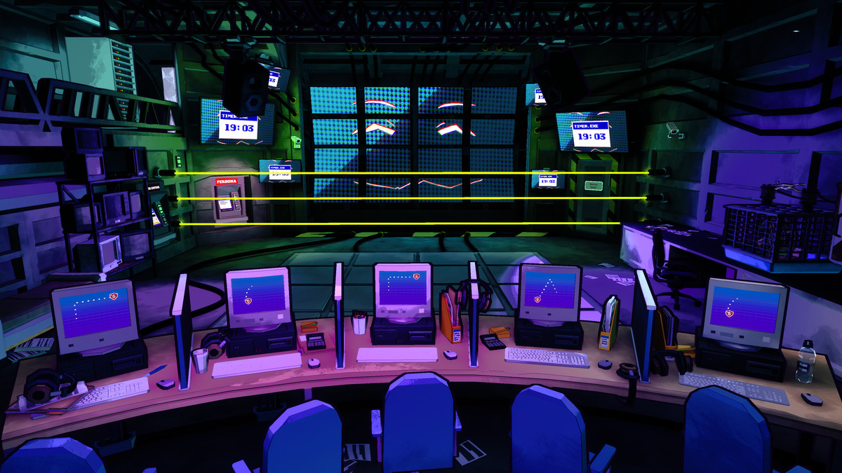 Screenshot from Escape Academy featuring a giant wall of TVs with a face on it protected behind a wall of lasers with five desktop computers in the foreground displaying a puzzle clue as a screensaver.