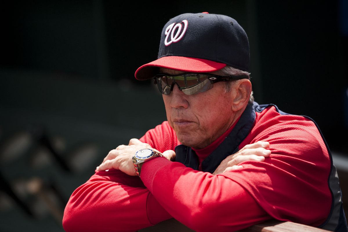 Aug 26, 2012; Philadelphia, PA, USA; Washington Nationals manager Davey Johnson in the dugout prior to playing the Philadelphia Phillies at Citizens Bank Park. The Phillies defeated the Nationals 4-1. Mandatory Credit: Howard Smith-US PRESSWIRE