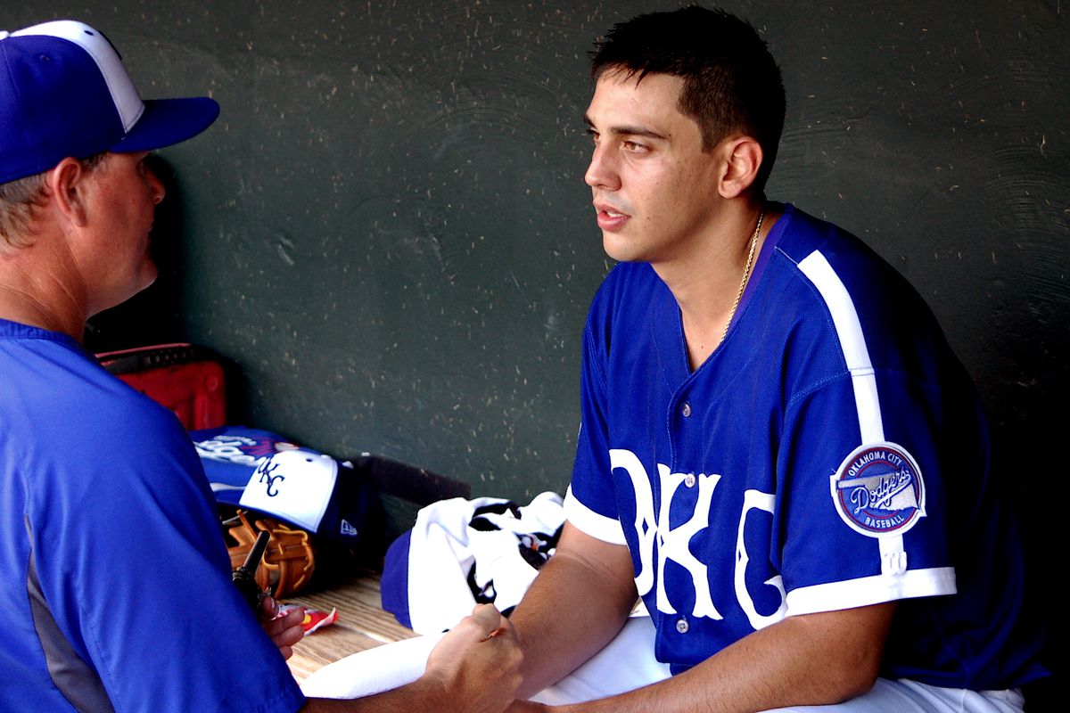 Jose De Leon and pitching coach Matt Herges with Triple-A Oklahoma City.