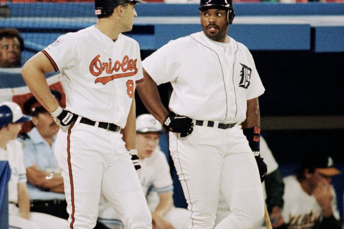 Cal Ripken Jr. #8 of the Baltimore Orioles and Cecil Fielder #45 of the Detroit Tigers wait in the on-deck circle during the1991 All-Star Game at the Toronto Sky Dome on July 9, 1991 in Toronto, Ontario, Canada. (Photo by Rick Stewart/Getty Images) 