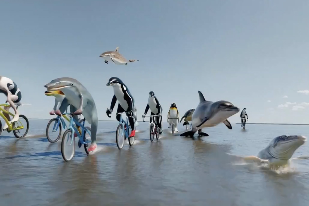 An AI-generated video from Sora, OpenAI’s new generative video model, shows sea creatures like fish and dolphins with legs, riding bicycles on top of an ocean.