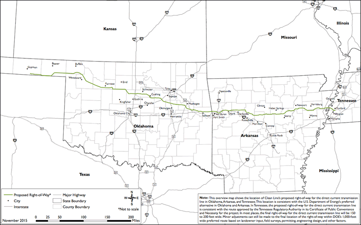The DOE-approved route for the Eastern & Plains line, developed by Clean Line Energy Partners.