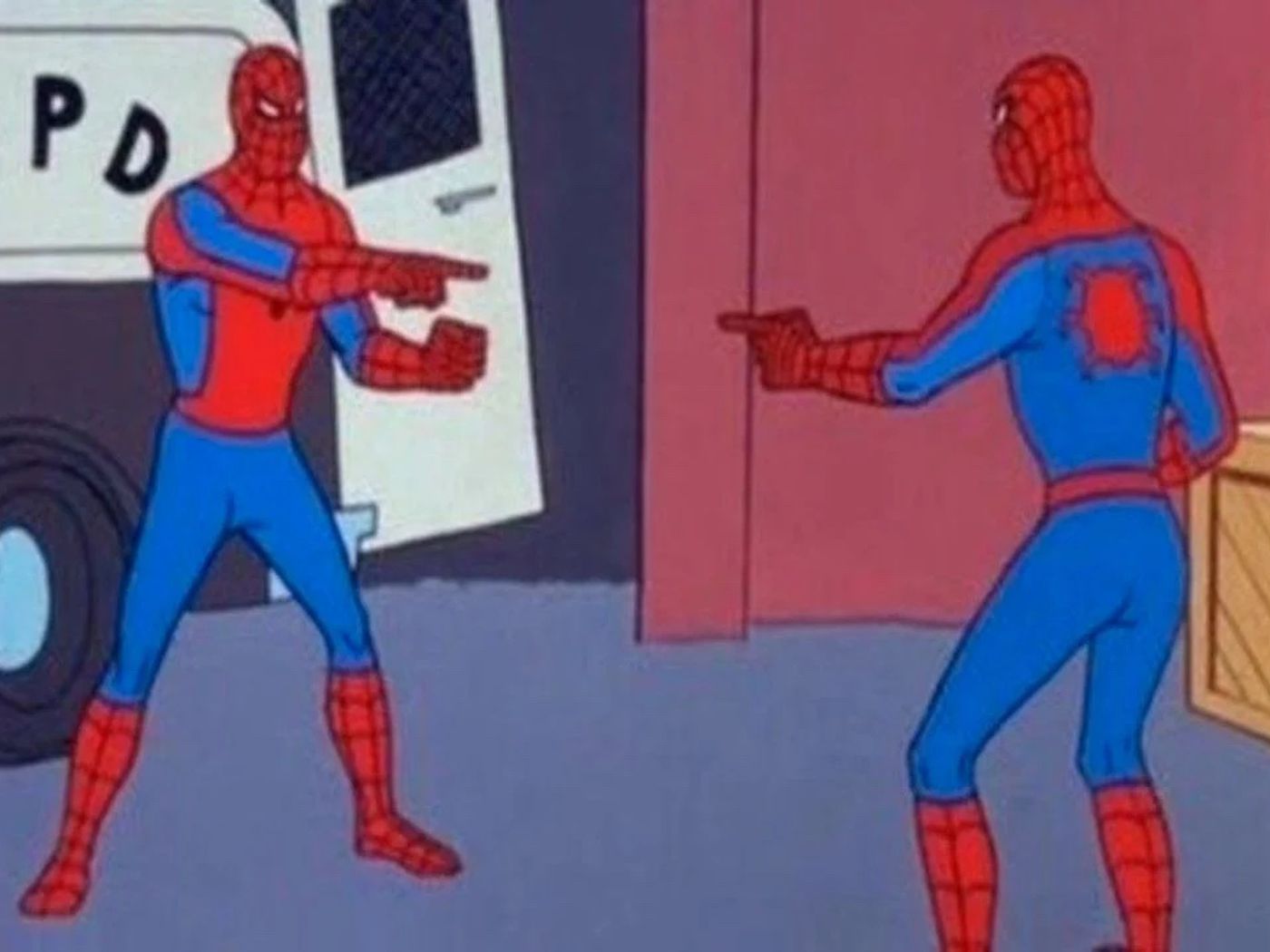 Spider men pointing at each other meme