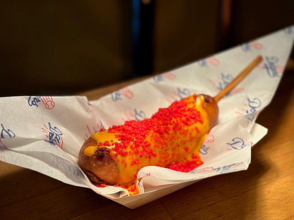 Chipotle sausage corndog crusted with hot Cheetos at Dodger Stadium.