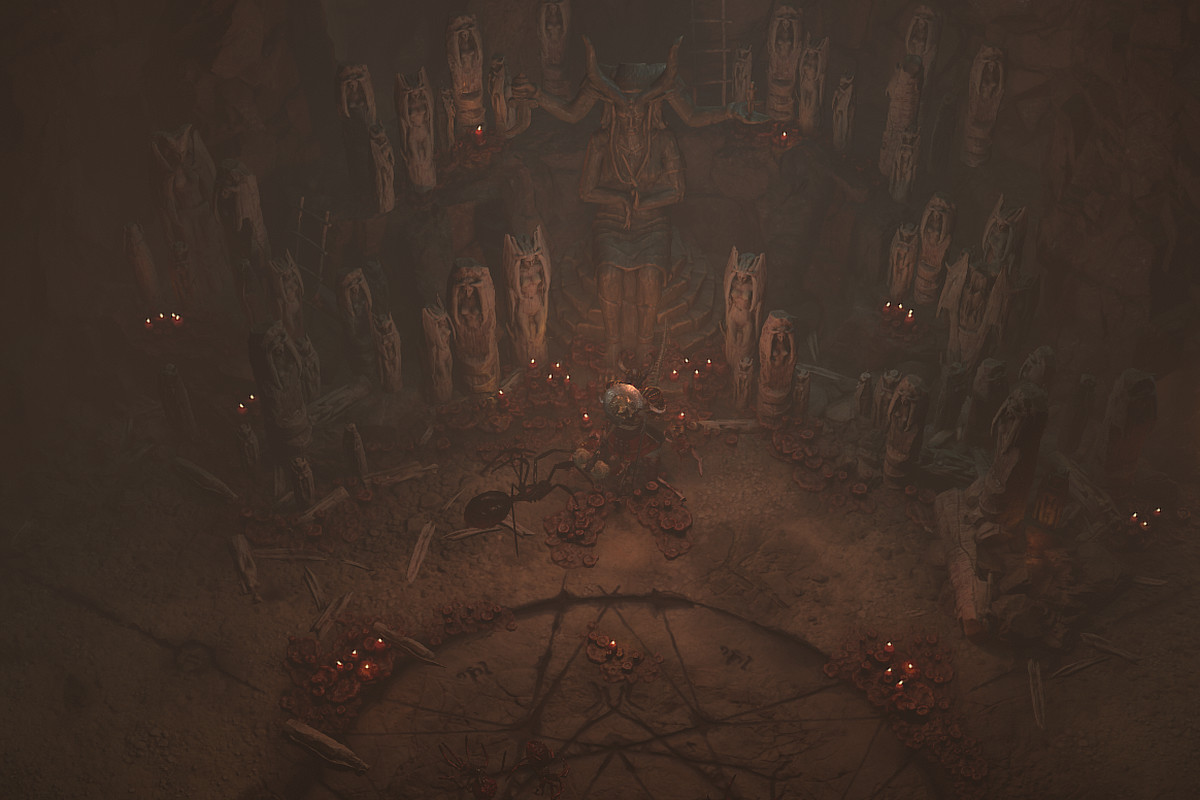 A Barbarian stands in front of a large statue of Lilith in Diablo 4