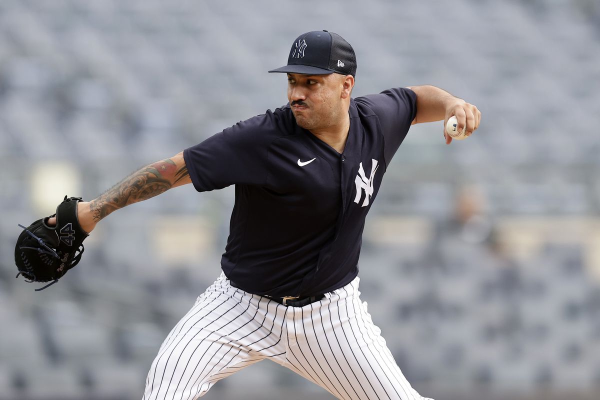 Nestor Cortes #65 of the New York Yankees throws from the mound before a game against the Chicago Cubs at Yankee Stadium on July 9, 2023 in Bronx borough of New York City.