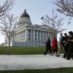 U.S. Surgeon General Regina Benjamin joins Gov. Gary Herbert and Salt Lake County Mayor Ben McAdams for a walk around the Utah Capitol in Salt Lake City, Tuesday, April 9, 2013.