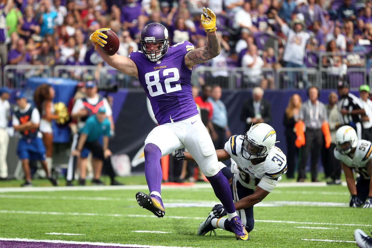 Minnesota Vikings tight end Kyle Rudolph (82) high stepped in the end zone for a second quarter touchdown over San Diego Chargers cornerback Adrian Phillips (31) at U.S. Bank Stadium Sunday at August 28, 2016 in Minneapolis, MN.] The Minnesota Vikings ho