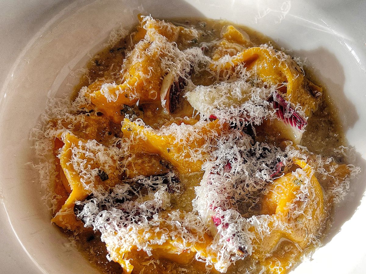A plate of agnolotti bathed in warm autumnal light, flecked with Parmesan cheese and purple radicchio leaves.