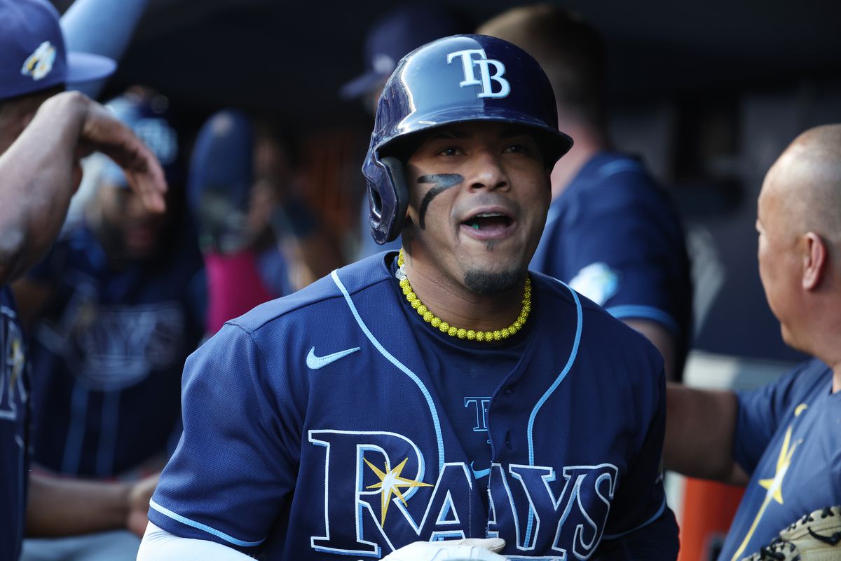 Wander Franco of the Tampa Bay Rays celebrates after hitting a 2 run home run against Gerrit Cole of the New York Yankees in the first inning during their game at Yankee Stadium on August 2, 2023 in Bronx borough of New York City.