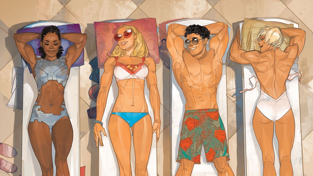 Steel (Natasha Irons), Supergirl, Superboy (Connor Kent), and Power Girl lounge poolside on deck chairs, wearing swimsuits reminiscent of their costumes in G’nort’s Illustrated Swimsuit Edition (2023).