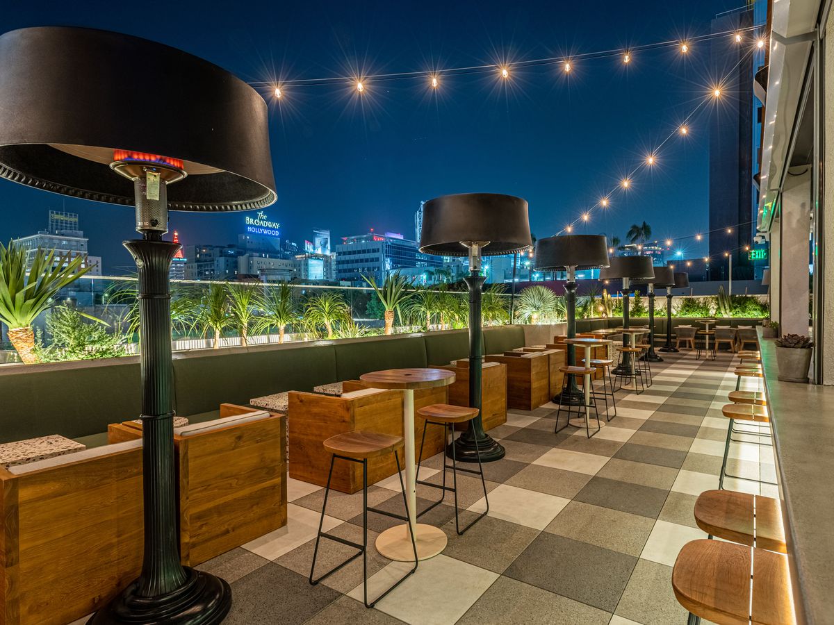 Banquette seating on the Grandmaster rooftop in Hollywood, California.