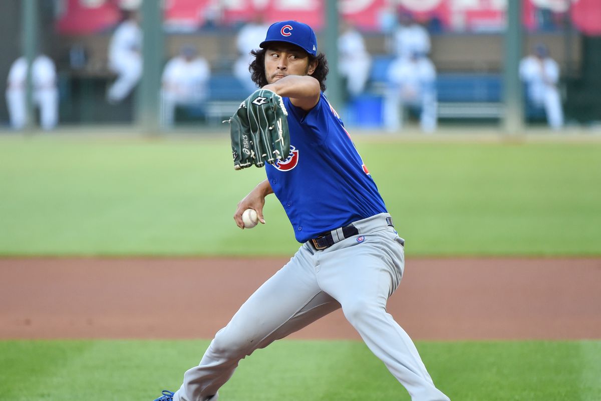 &nbsp;Starting pitcher Yu Darvish #11 of the Chicago Cubs throws in the first inning against the Kansas City Royals at Kauffman Stadium on August 05, 2020 in Kansas City, Missouri.