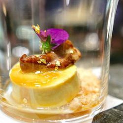 n/naka: Saki Zuke, Custard of Organic Farm-fresh Jidori Chicken Egg and Hudson Valley Foie Gras topped with Seared Foie Gras on a Bed of Shredded Foie Gras, a Sauce of Balsamic Foie Gras Jus and a Flower of Pansy, Gold Leaf by kevinEats 