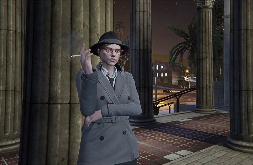 A Grand Theft Auto 5 role-player wearing red glasses and holding a cigarette