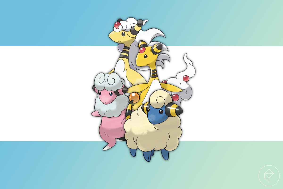 Mareep, Flaaffy, Ampharos, and Mega Ampharos on a blue and green gradient background