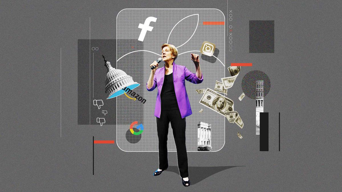 Photo collage of Senator Elizabeth Warren surrounded by representations of topics that relate to her, like money and the Facebook logo.