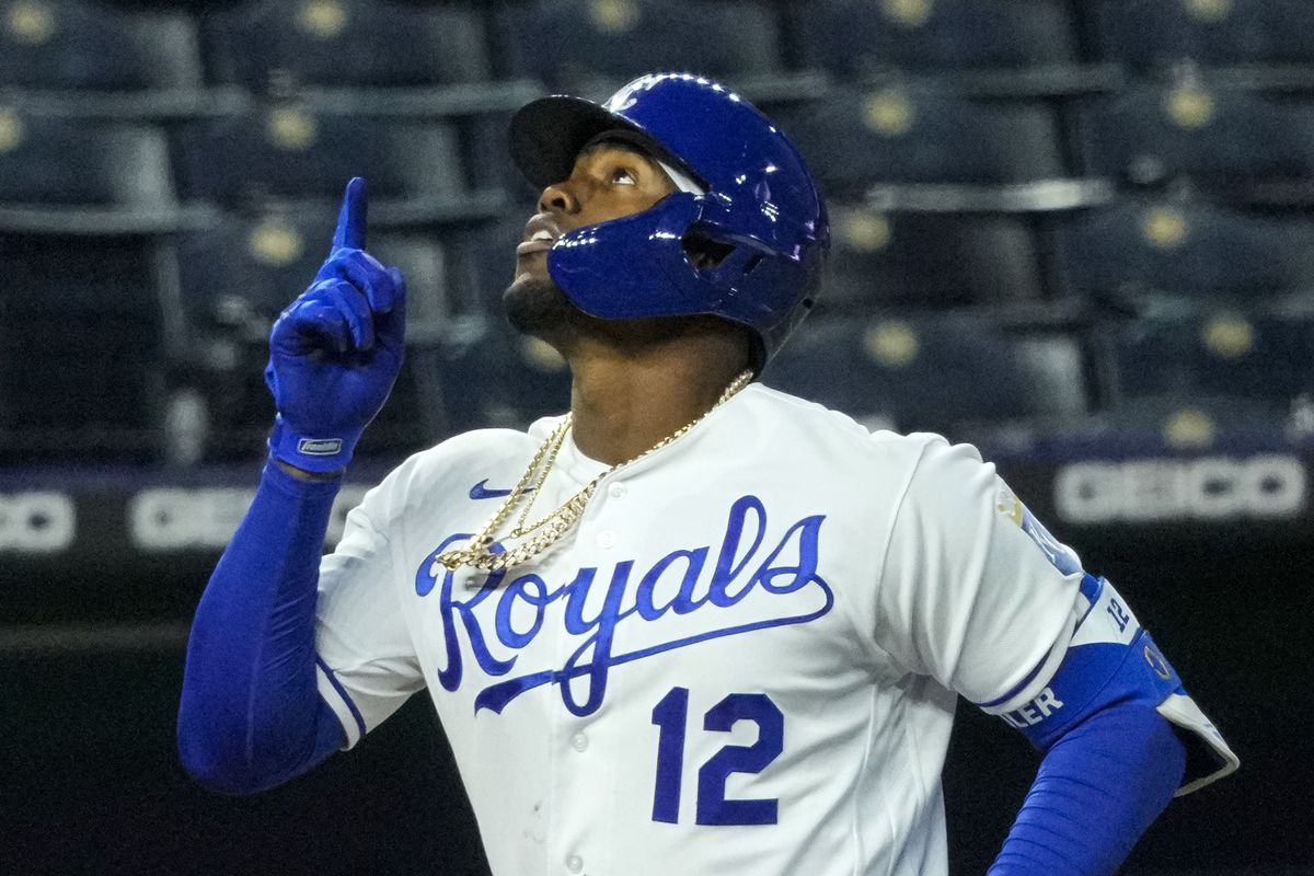 Kansas City Royals designated hitter Jorge Soler (12) rounds the bases after hitting a home run against the Tampa Bay Rays during the fourth inning at Kauffman Stadium. Mandatory Credit: Jay Biggerstaff