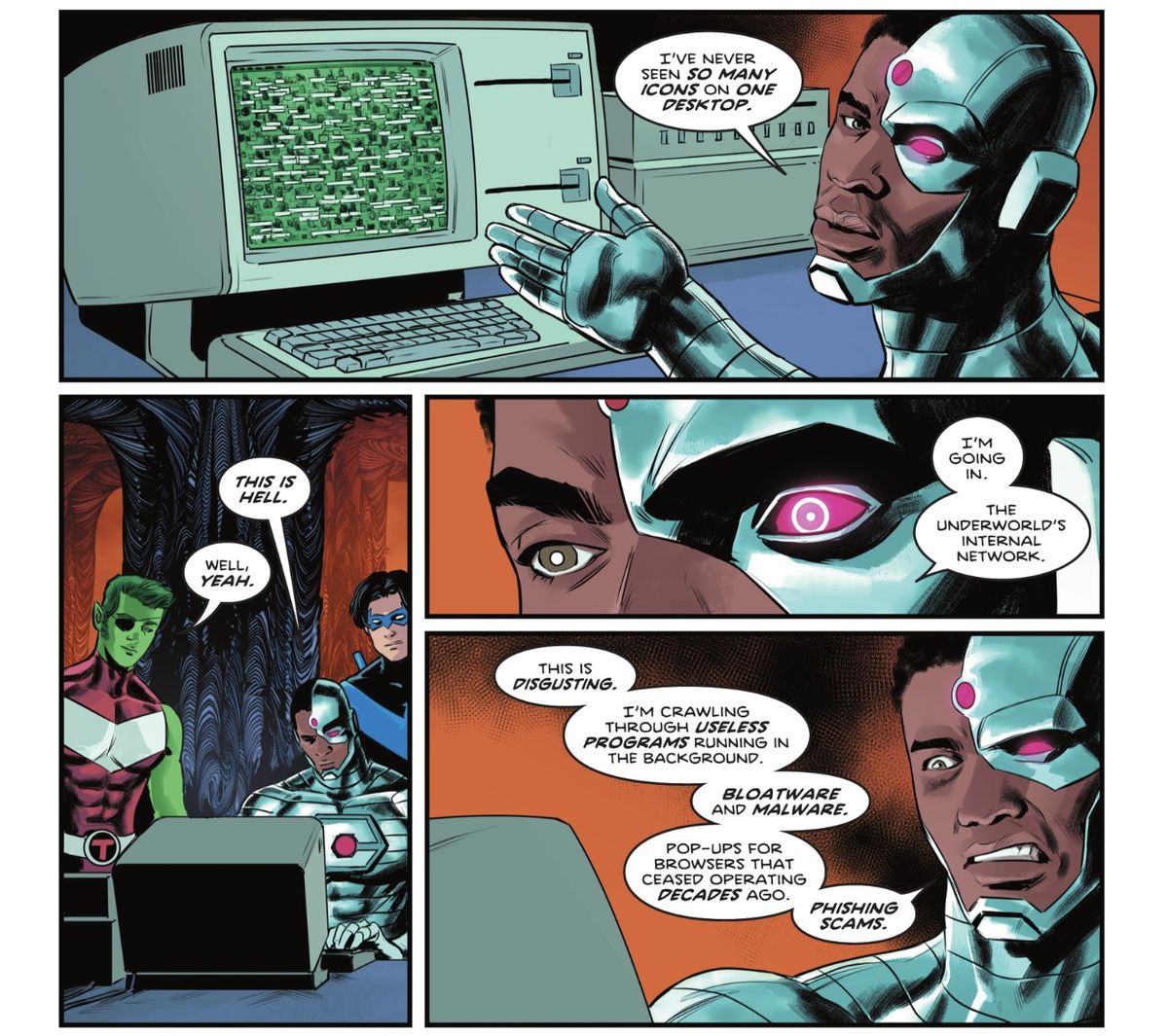 “I’ve never seen so many icons on one desktop,” Cyborg says, gesturing at a computer in Hell as Nightwing and Beast Boy look on in Nightwing #103 (2023). 