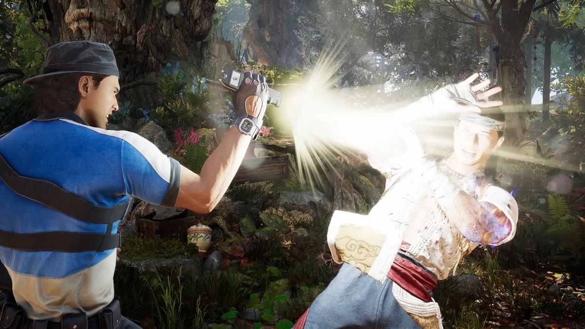 Kurtis Stryker blinds Liu Kang with a powerful flashlight in a screenshot from Mortal Kombat 1