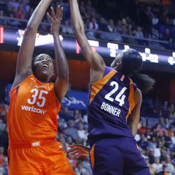 The Phoenix Mercury take on the Connecticut Sun in a WNBA game at Mohegan Sun Arena in Uncasville, CT on July 13, 2018.