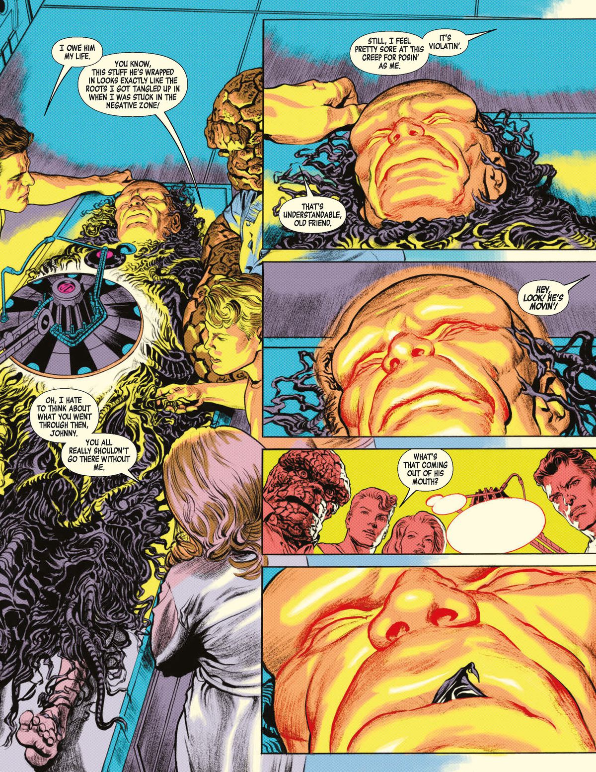 The Fantastic Four examine Ben Grimm’s Negative Zone doppelganer on a table. He’s cocooned in writhing black shapes, and one begins to peek out of his mouth.