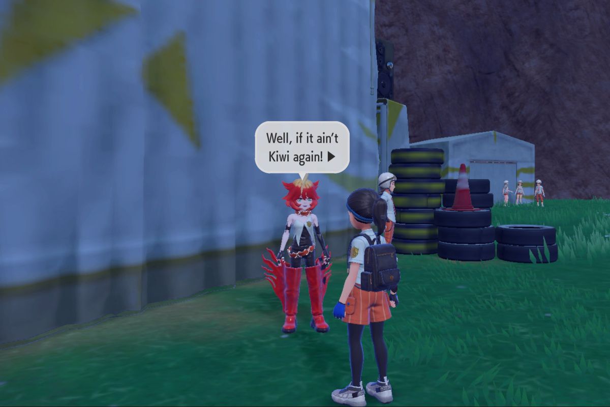 Mela greets a Pokémon trainer at her base