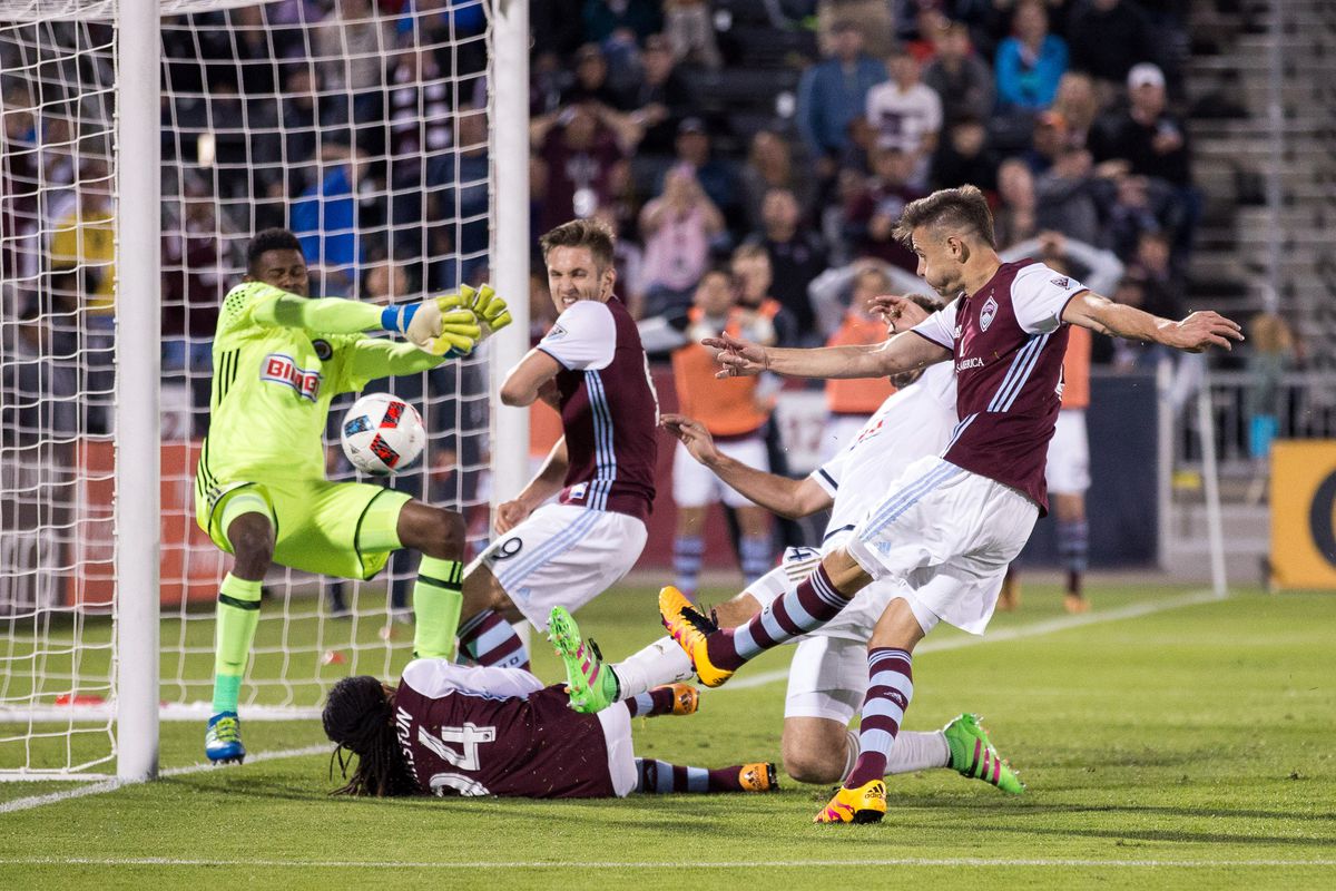 Luis Solignac shooting the ball into the net on the goal that was called back for offsides on Doyle.