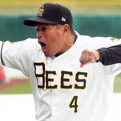 Bees' defensive coach Ray Olmedo has fun with the Bees' Promotions staff as the Salt Lake Bees hold their media day at Smith's Ballpark on Tuesday, April 2, 2019.