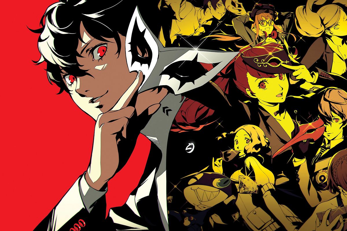 Joker from Persona 5 Royal poses with his mask in hand, and his Phantom Thieves friends pose in his shadow with a golden tint