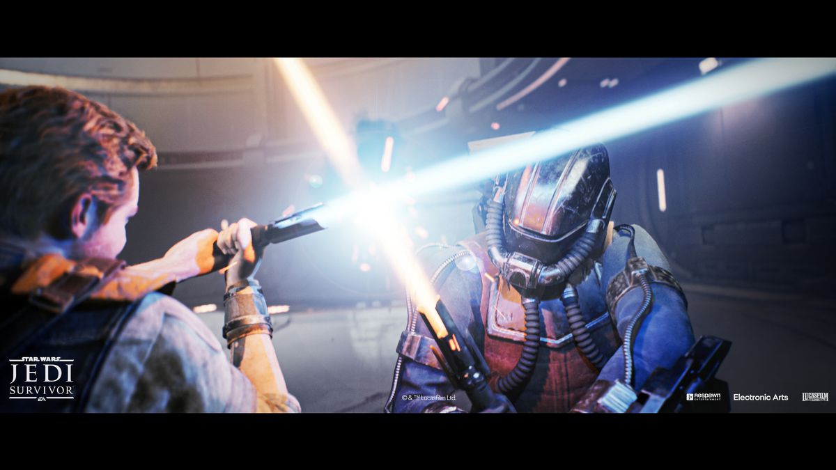 Cal Kestis engages in a lightsaber battle with a masked opponent in a screenshot from Star Wars Jedi: Survivor