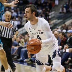 Brigham Young Cougars guard Nick Emery (4) moves to the hoop during a game at the Marriott Center in Provo on Saturday, Nov. 19, 2016.