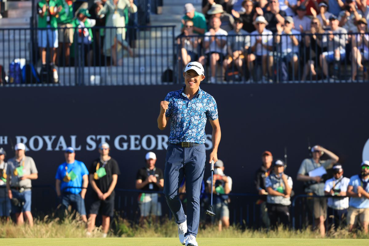 Collin Morikawa of the United States celebrates after his putt on the 18th hole as he wins The Open to become Open Champion during Day Four of The 149th Open at Royal St George’s Golf Club on July 18, 2021 in Sandwich, England.