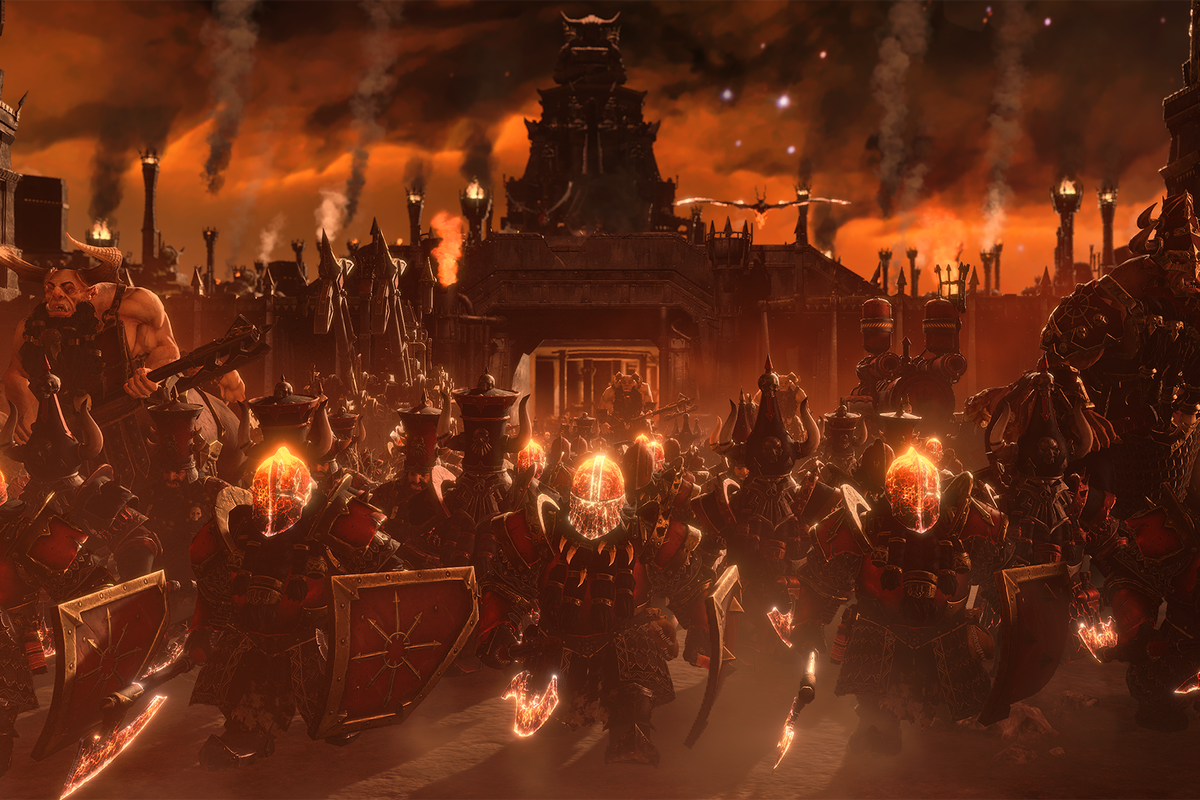 The Chaos Dwarfs march in Total War: Warhammer 3