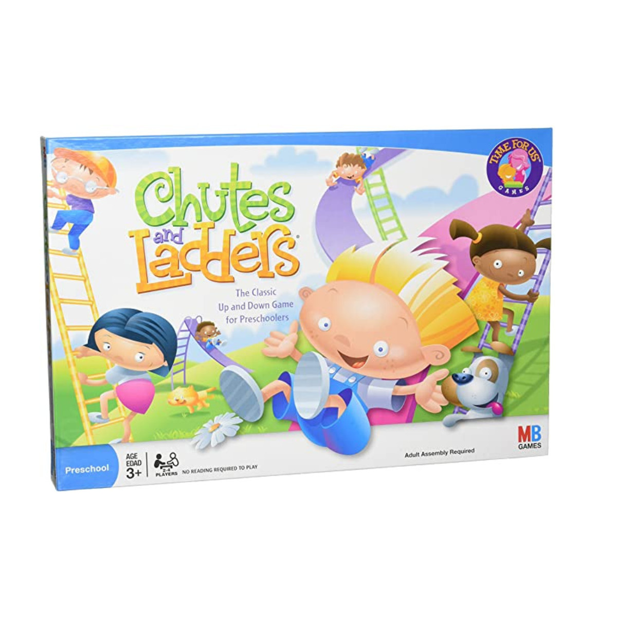 Chutes and Ladders, a classic board game for children with cartoons featured on front of box.