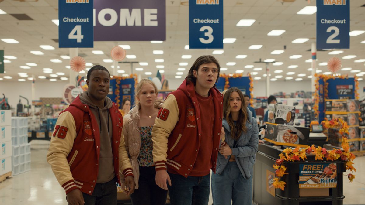A bunch of teens cowering at a Walmart-esque store in Thanksgiving