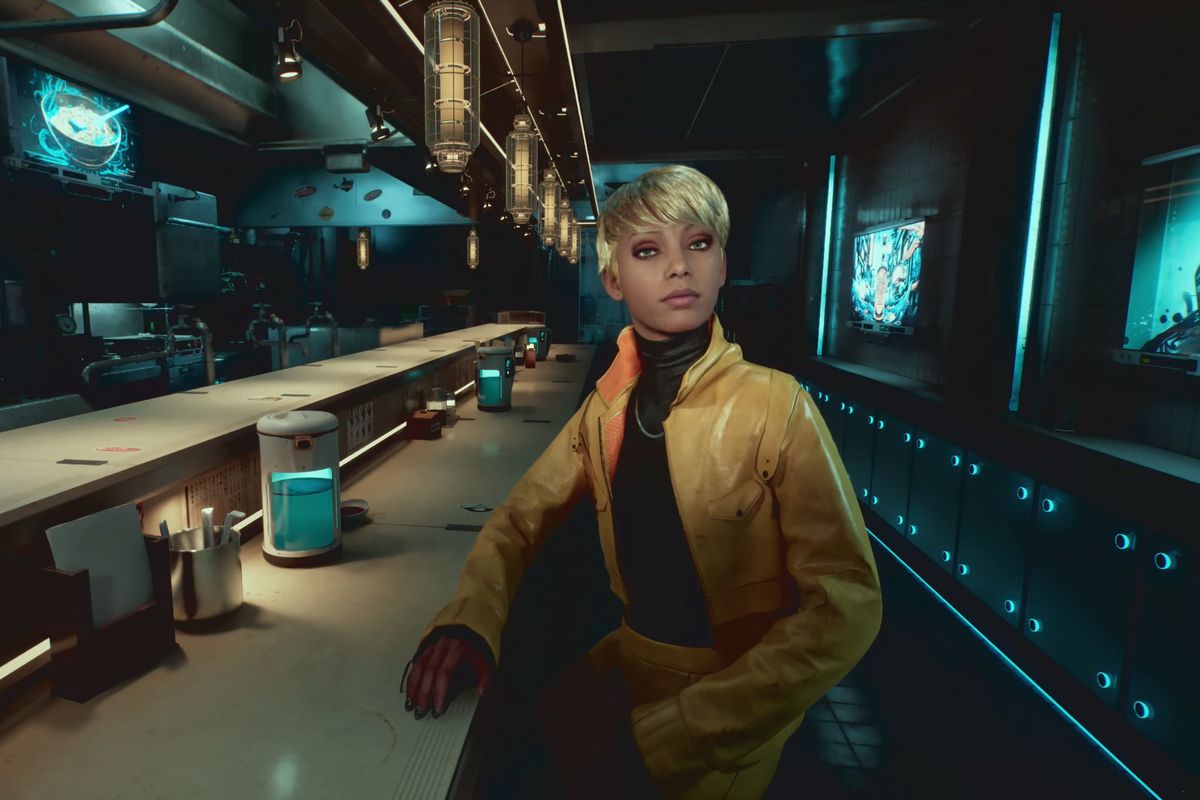 A female cybersecurity expert NPC named Nova sits at a futuristic ramen bar counter in a screenshot from Nvidia’s ACE tech demo at CES 2024