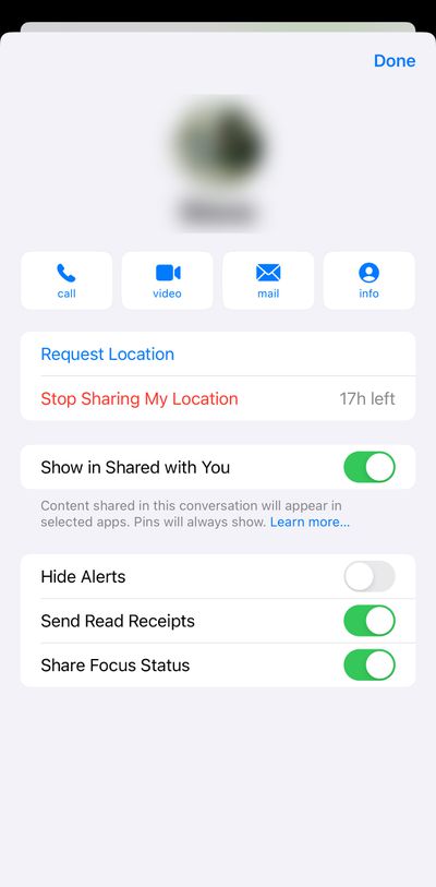 Contact card with photo blurred out, then buttons for call, video, mail, and info, then two buttons request location and stop sharing my location, then controls to show in share with you, hide alerts, send read receipts, and share focus status.