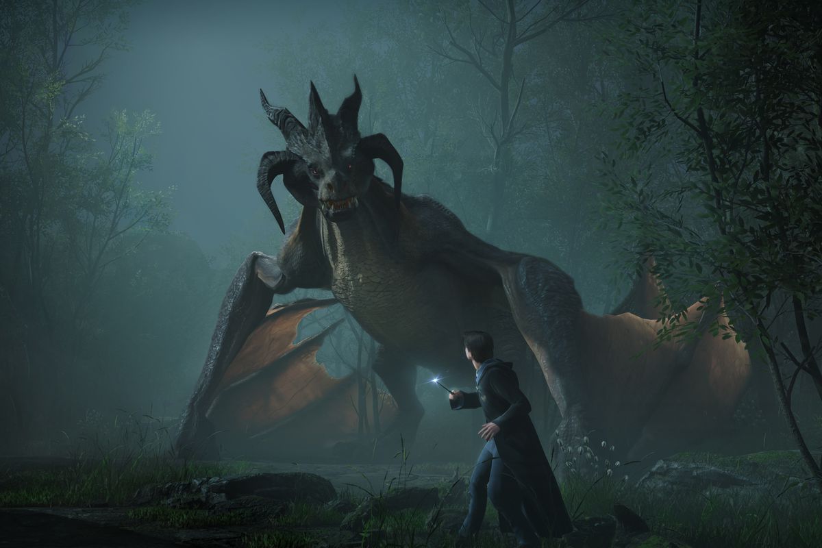 A wizard faces down a dragon in a screenshot from Hogwarts Legacy