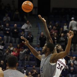 UConn's David Onuorah (34) during the Monmouth Hawks vs UConn Huskies men's college basketball game at the XL Center in Hartford, CT on December 2, 2017.