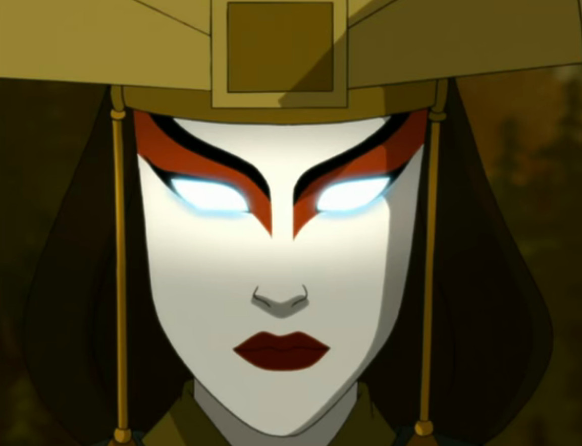 The face of Avatar Kyoshi as she enters the Avatar State, in Avatar: The Last Airbender. 